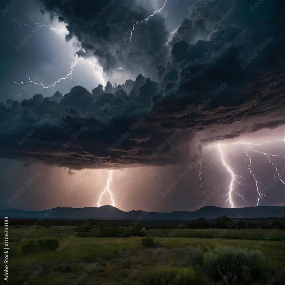 In the sky, dense clouds, torrential rain, intense lightning streak across the night sky, illuminating the landscape with silvery flashes (3). In the sky, dense clouds, torrential rain, intense lightning streak across the night sky, illuminating the landscape with silvery flashes (3).