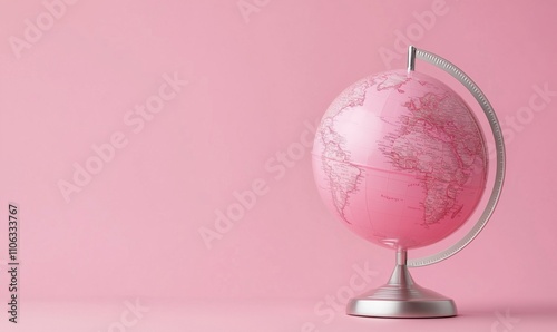 Pink globe on pink background, modern design, decorative item, educational tool, world map, geography, travel inspiration