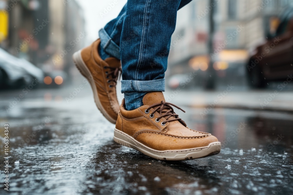 A person standing on a wet sidewalk during a rain shower A person standing on a wet sidewalk during a rain shower