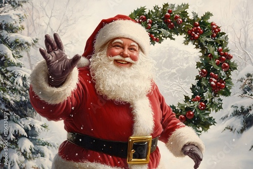 Traditional Christmas art of Santa Claus smiling warmly, holding out his hand, holly wreath surrounding the scene, snowy trees behind, hyper-realistic painting, bright white background 1