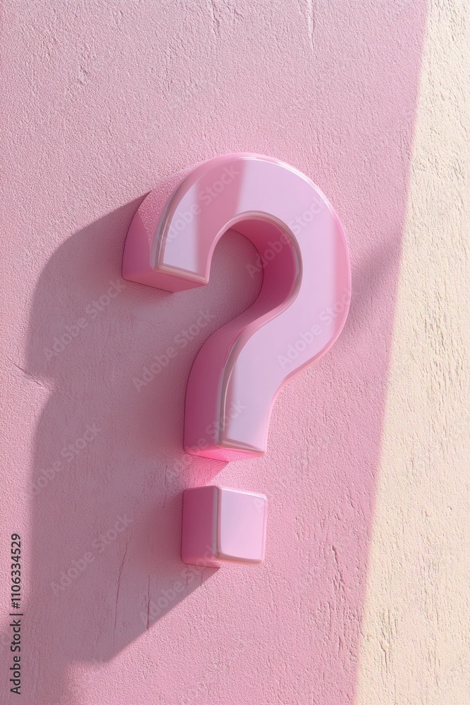 A single pink question mark is written on a bright pink wall A single pink question mark is written on a bright pink wall