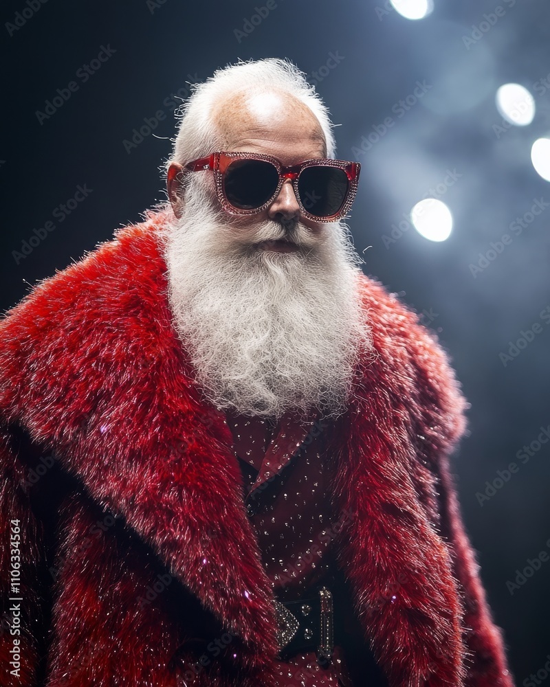 Santa styled in trendy red fur, with sunglasses, confidently embodies modernity and classic folklore in a chic manner. Santa styled in trendy red fur, with sunglasses, confidently embodies modernity and classic folklore in a chic manner.