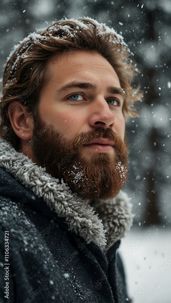 Man with beard enjoying winter in a snowy setting. Man with beard enjoying winter in a snowy setting.