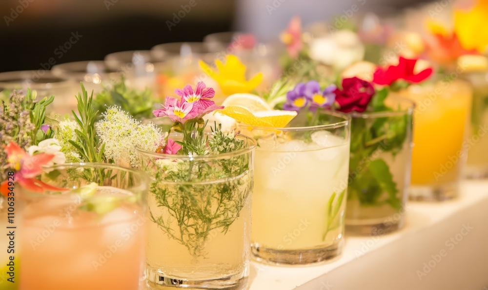 Seasonal Floral Cocktails: An array of seasonal cocktails decorated with seasonal flowers and herbs, reflecting the time of year during the banquet Seasonal Floral Cocktails: An array of seasonal cocktails decorated with seasonal flowers and herbs, reflecting the time of year during the banquet