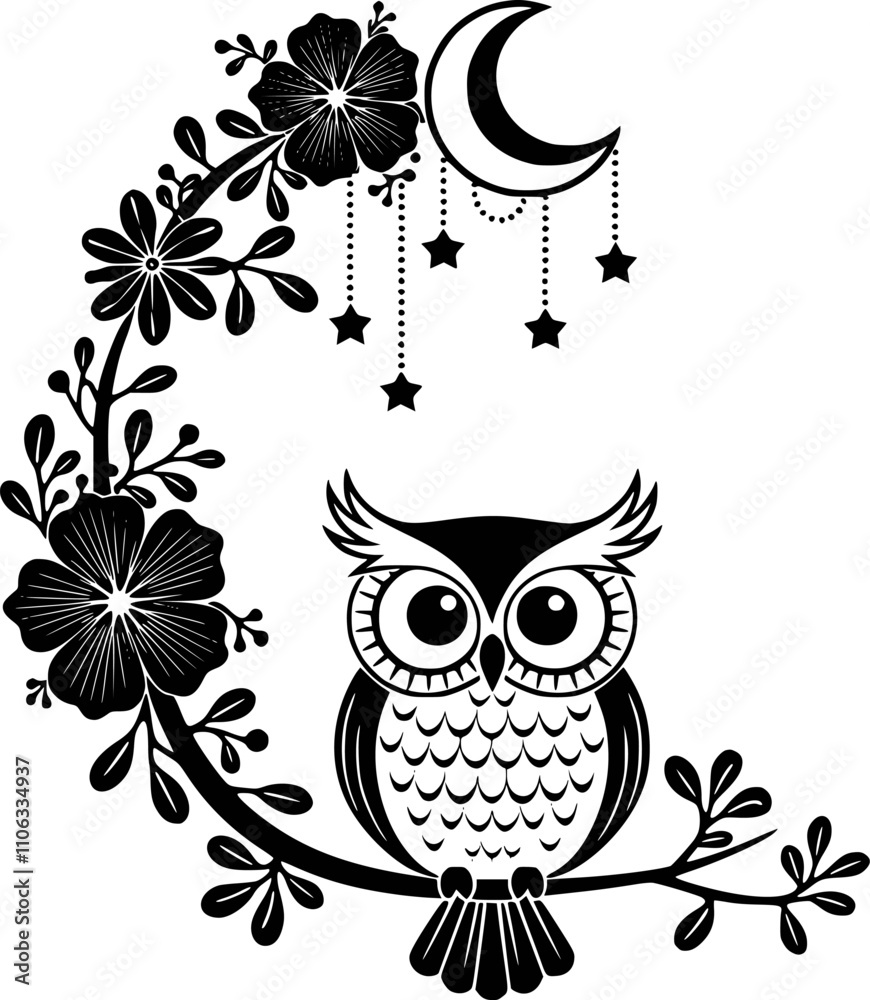 Fototapeta premium illustration, bird, cartoon, leaf, moon, owl, night, art, animal, design, floral, flower, nature, vector, tree, drawing, pattern, fantasy, silhouette, tattoo, colouring, love, vignetting, vintage, car