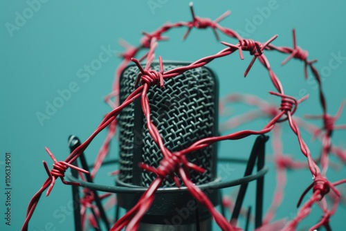 A microphone covered in barbed wire, great for music or art concepts