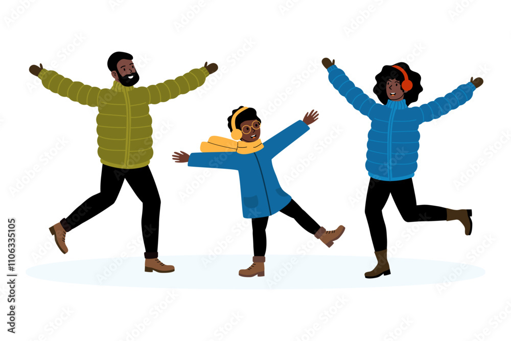 Family enjoying winter fun while playing in the snow together on a chilly day Family enjoying winter fun while playing in the snow together on a chilly day