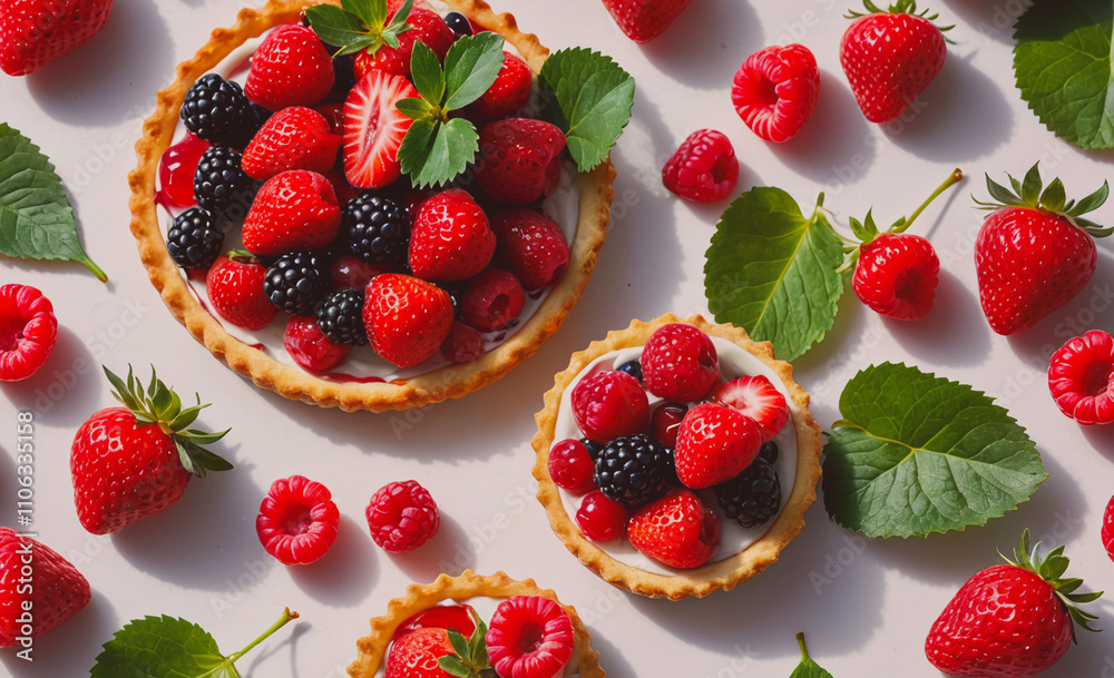 Plate of strawberries and raspberries is on a table. There are two small pies with strawberries and raspberries on top Plate of strawberries and raspberries is on a table. There are two small pies with strawberries and raspberries on top
