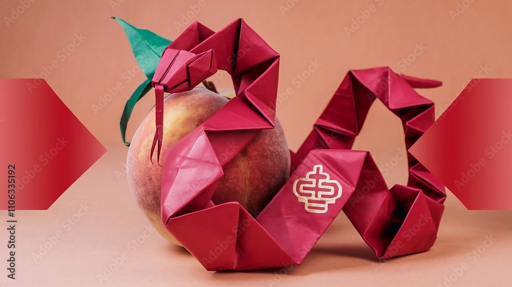 Intricate Red Origami Snake on Peach Background: Artful Paper Sculpture and Serpent Design. Chinese new year symbol of 2025. banner Intricate Red Origami Snake on Peach Background: Artful Paper Sculpture and Serpent Design. Chinese new year symbol of 2025. banner