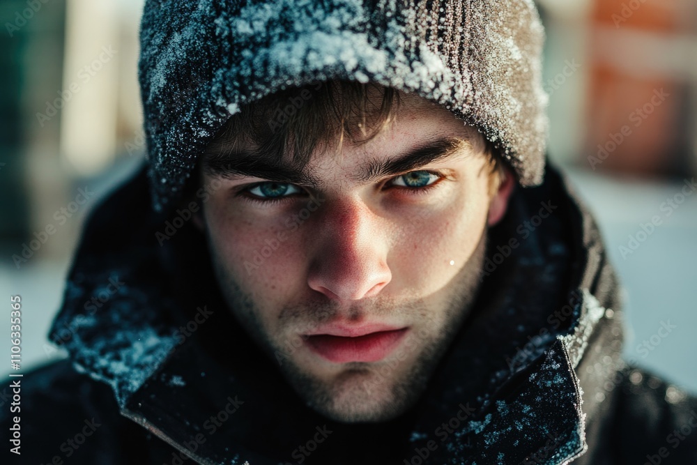 A young man dressed in warm clothing during the cold season, ideal for illustrations or designs related to winter activities