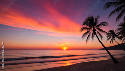 Fototapeta Naklejka Na Ścianę i Meble -  A breathtaking tropical beach scene at sunset. Silhouetted palm trees frame a vibrant sky awash in pink, orange, and purple hues as the sun dips below the horizon.