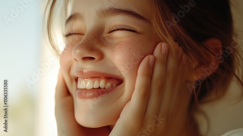 A young girl with a smile and hands up to her face, possibly reflecting or hiding from something