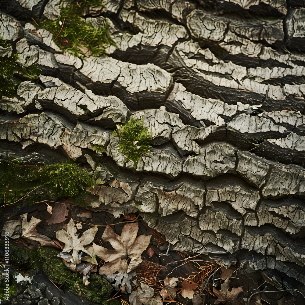 Nature's Intricate Textures: A Harmonious Blend of Tree Bark, Leaves, and Moss Nature's Intricate Textures: A Harmonious Blend of Tree Bark, Leaves, and Moss