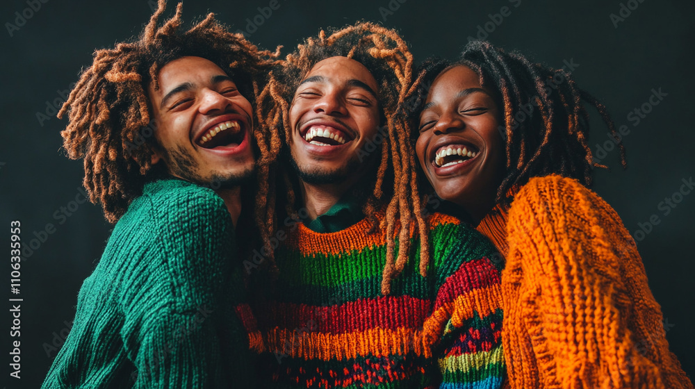 Happy Diverse Friends with Dreads in Colorful Knitwear Happy Diverse Friends with Dreads in Colorful Knitwear