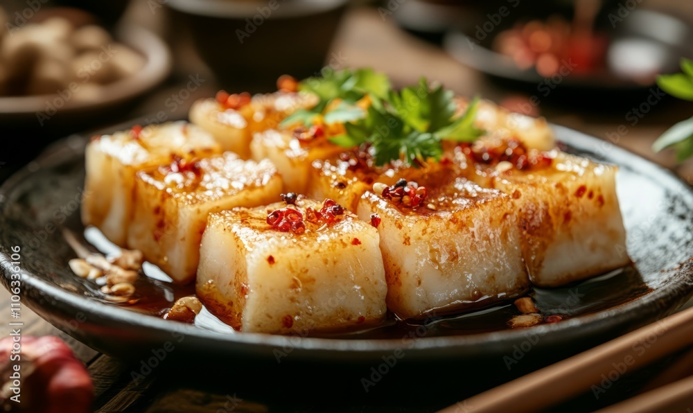 Chinese lunar new year food concept, turnip radish cake, local cuisine in restaurant with soy sauce, closeup, copy space Chinese lunar new year food concept, turnip radish cake, local cuisine in restaurant with soy sauce, closeup, copy space