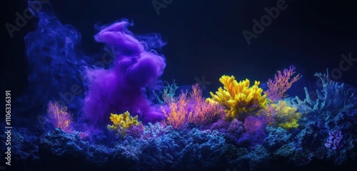 A sleek dark navy blue background with glowing violet smoke, paired with radiant coral and neon yellow acrylic paint in a cosmic underwater explosion.