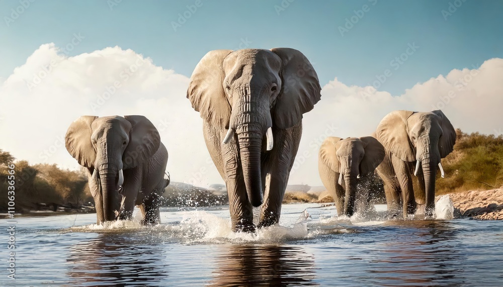 Obraz premium Majestic elephant herd crossing a river.