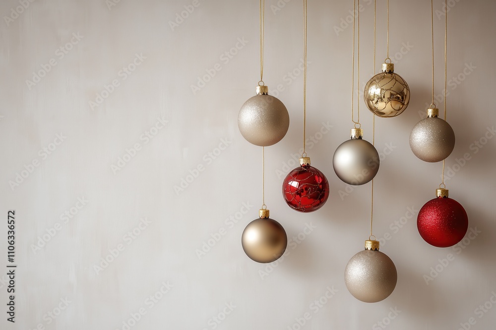 Decoração de natal com bolas suspensas em tons dourados, vermelhos e prateados, sobre fundo neutro, criada com IA generativa. Decoração de natal com bolas suspensas em tons dourados, vermelhos e prateados, sobre fundo neutro, criada com IA generativa.