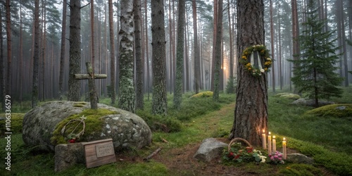 Serene memorial site in a misty forest at dawn with candles and floral decorations