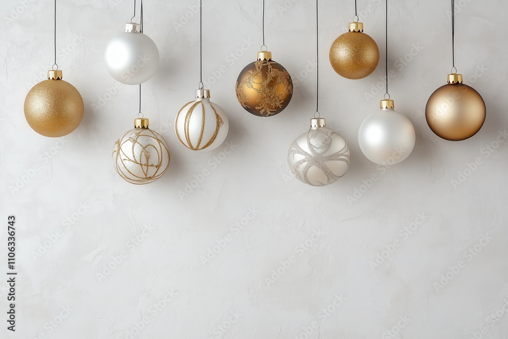 Decoração de natal com bolas suspensas em tons dourados, vermelhos e prateados, sobre fundo neutro, criada com IA generativa. Decoração de natal com bolas suspensas em tons dourados, vermelhos e prateados, sobre fundo neutro, criada com IA generativa.