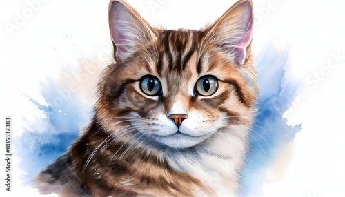 Digital Painting of a Tabby Cat with Watercolor Background
