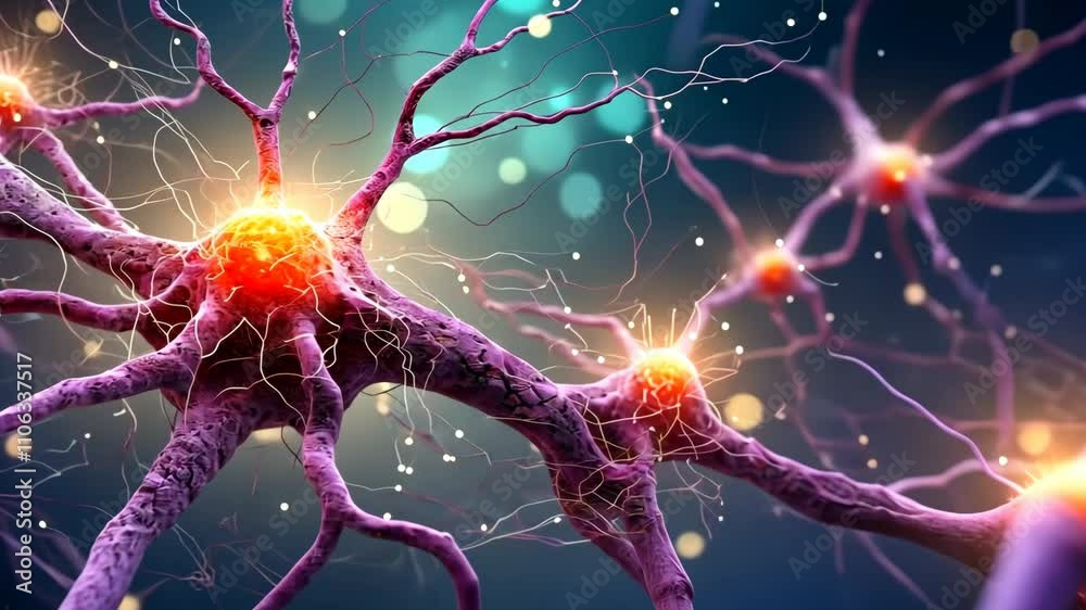 Neuron activity illustration, capturing the spark of human cognition. A vibrant display of synaptic transmission lights up the neural network. 
