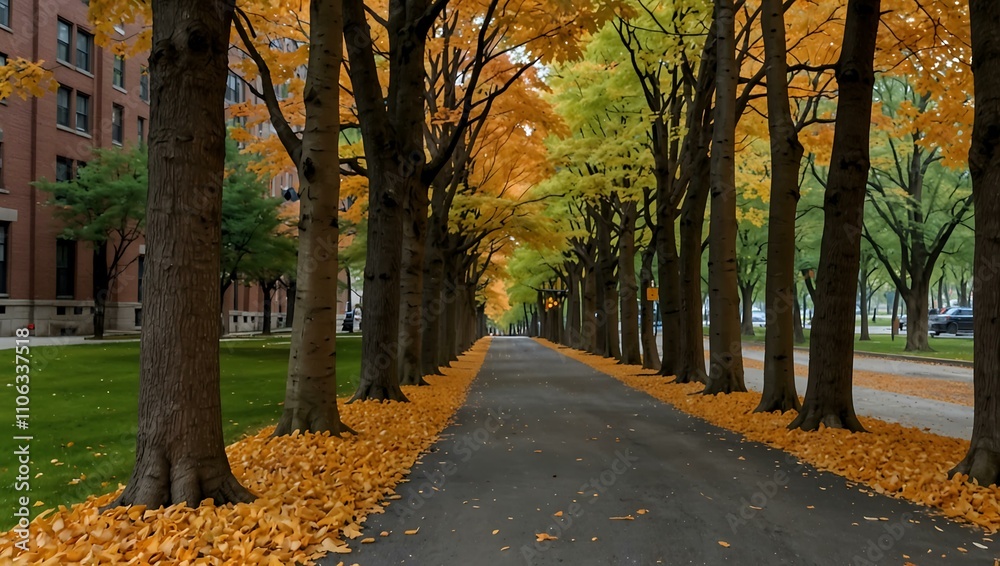 Naklejka premium Maple tree-lined alley in a city park.