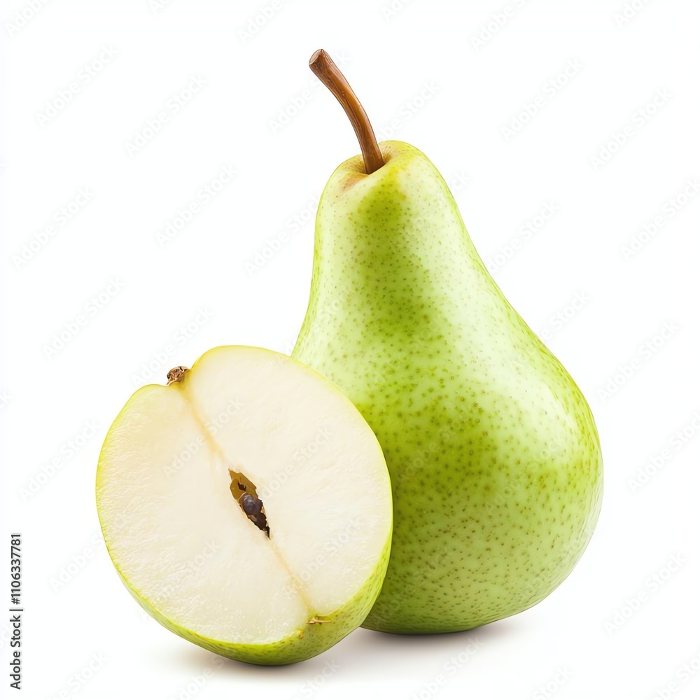 A fresh, juicy pear sliced in half, showcasing its crisp, white flesh and green skin. Perfect for health-conscious snackers or in gourmet recipes, emphasizing nature's bounty. A fresh, juicy pear sliced in half, showcasing its crisp, white flesh and green skin. Perfect for health-conscious snackers or in gourmet recipes, emphasizing nature's bounty.