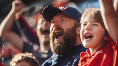 Excited Fans at Sporting Event Cheering Family Joyful