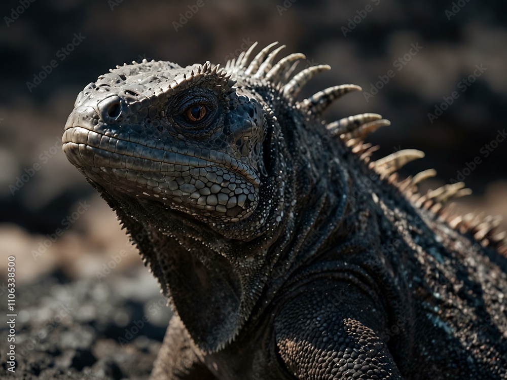 Fototapeta premium Marine Iguana portrait with white space on the right.