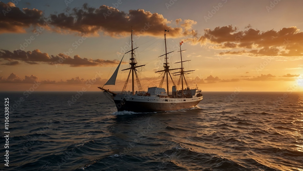 Fototapeta premium Maritime scene of a ship sailing under a sunset.