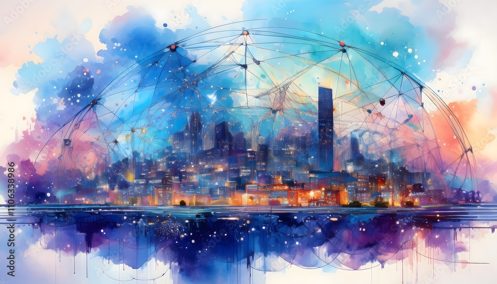 Fototapeta premium Networked Cityscape Watercolor