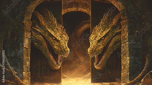 Towering draconic doors guarding an unknown chamber below. Draconic. Illustration photo