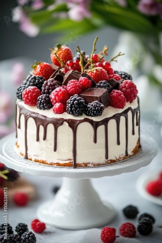 A delicious-looking cake topped with melted chocolate and fresh berries, perfect for a special occasion or dessert