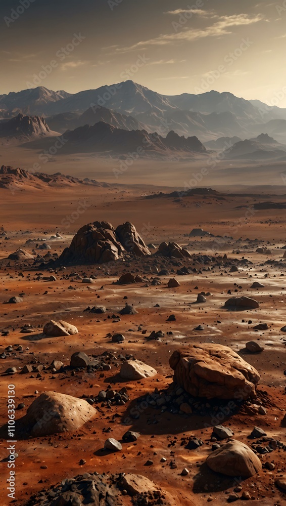 Fototapeta premium Mars landscape with rocks and dust, distant mountains.