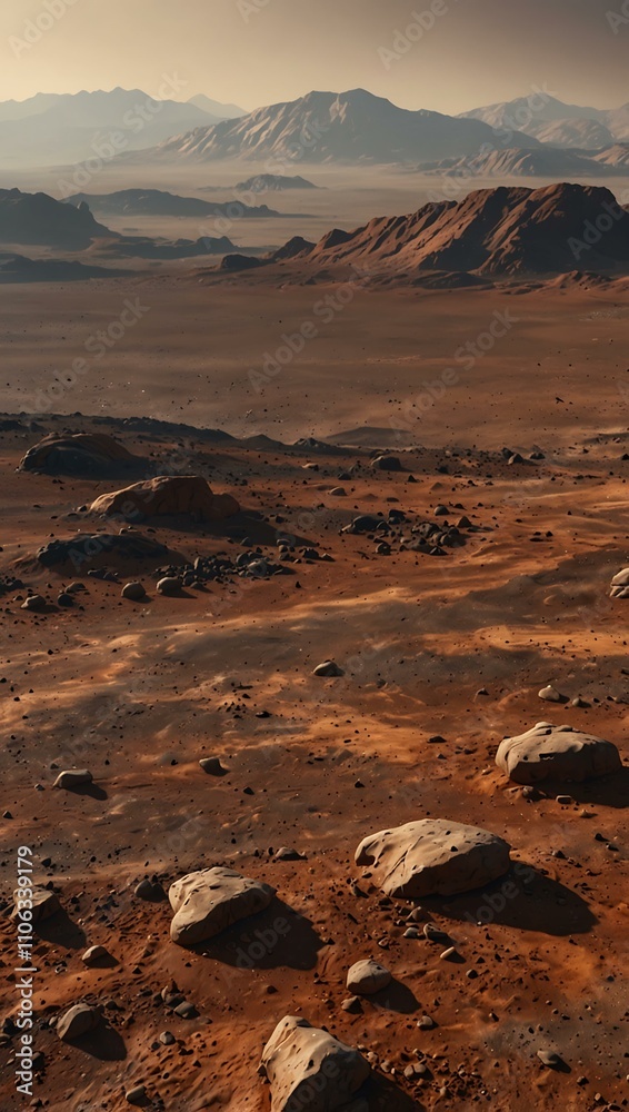 Fototapeta premium Mars landscape with rocks and dust, distant mountains.