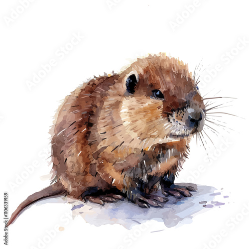 A watercolor vector of a Muskrat, isolated on a white background. Muskrat vector.