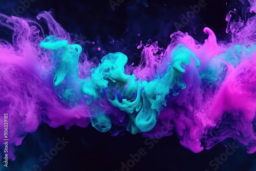 A sleek obsidian black background with holographic purple smoke wrapping through the scene, blended with vibrant turquoise and magenta acrylic paint in a cosmic ink explosion underwater.