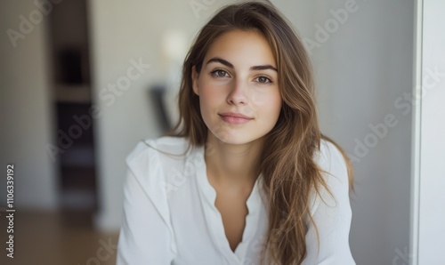 Confident woman sitting indoors, wearing a white blouse and giving a serene, composed expression