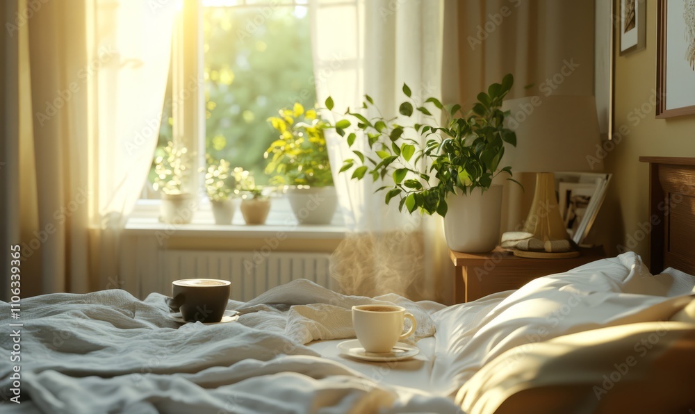 Cozy bedroom with linen bedding and morning coffee, concept of relaxation and comfort Cozy bedroom with linen bedding and morning coffee, concept of relaxation and comfort