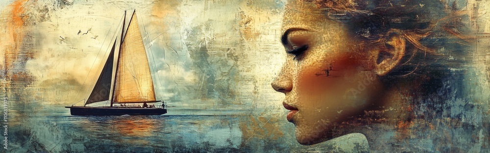 A young woman with wavy hair gazes into the distance, her face illuminated by warm colors. A sailing boat drifts peacefully on the calm waters beneath a dramatic sky A young woman with wavy hair gazes into the distance, her face illuminated by warm colors. A sailing boat drifts peacefully on the calm waters beneath a dramatic sky