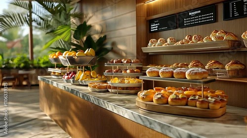 Luxury Hotel Breakfast Buffet with Pastries and Fruit