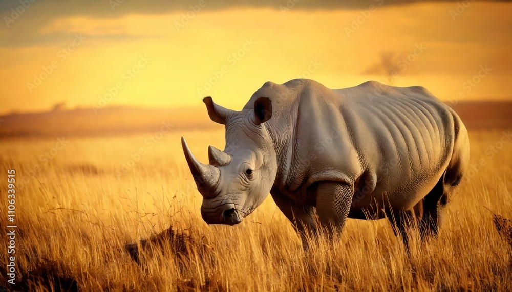 Obraz premium Majestic white rhinoceros grazing in the grasslands. 