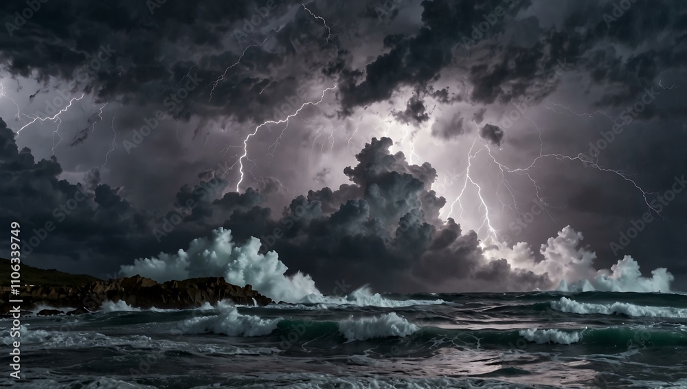 Fototapeta premium Massive lightning storm with crashing waves and foam.