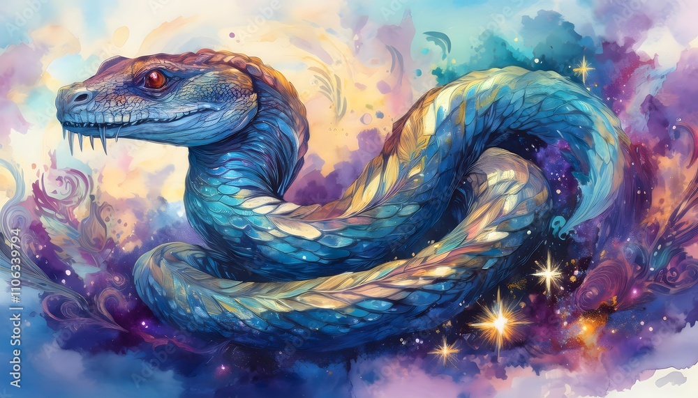 Stylized Serpentine Creature in Cosmic Setting Stylized Serpentine Creature in Cosmic Setting