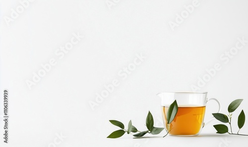 Tea in glass pitcher with green leaves, warm amber color, minimalist design, white background