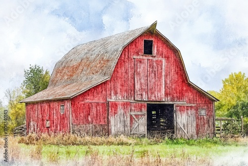 A traditional red barn situated in a lush green field, perfect for rural or countryside scenes