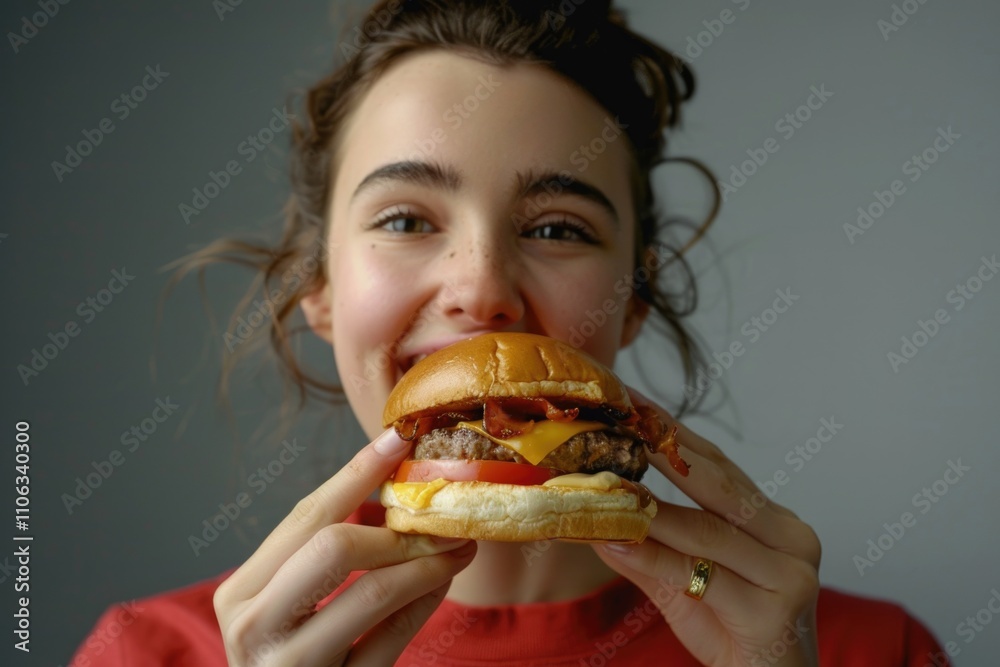 A woman holds a hamburger in front of her face, blocking the view A woman holds a hamburger in front of her face, blocking the view