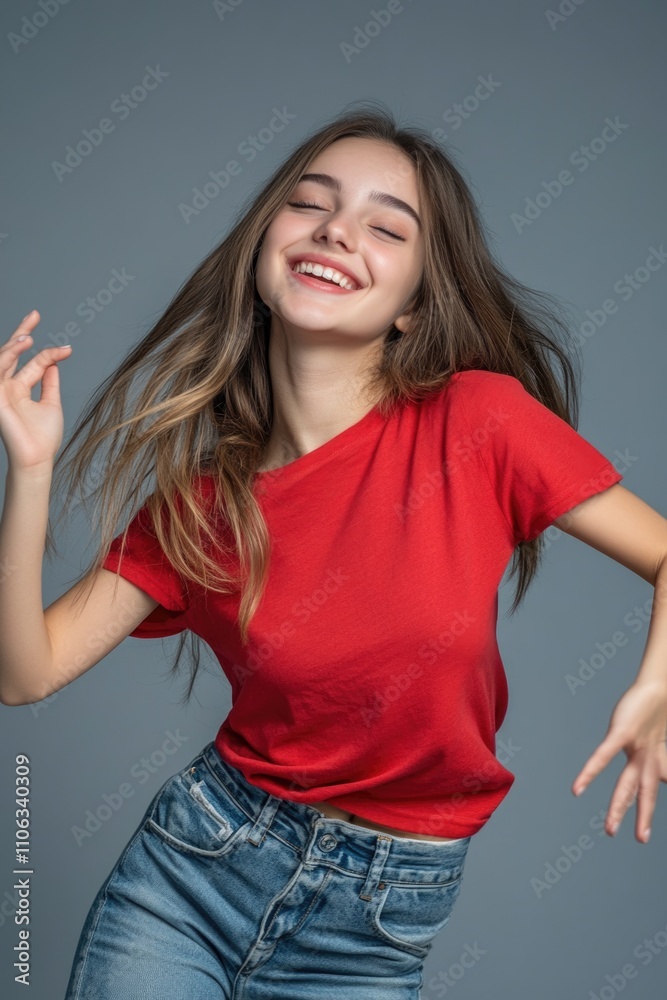 Fototapeta premium A young girl wearing a bright red shirt is dancing outdoors