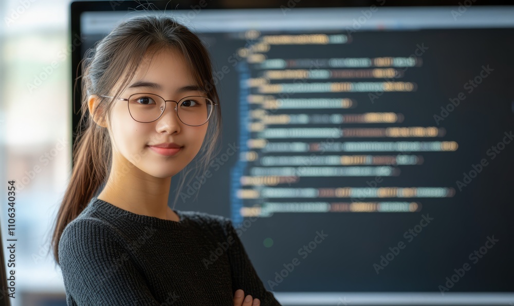 Fototapeta premium The integration of technology and human expertise in software development is presented by a young Asian woman programmer in front of an LCD screen with code projected